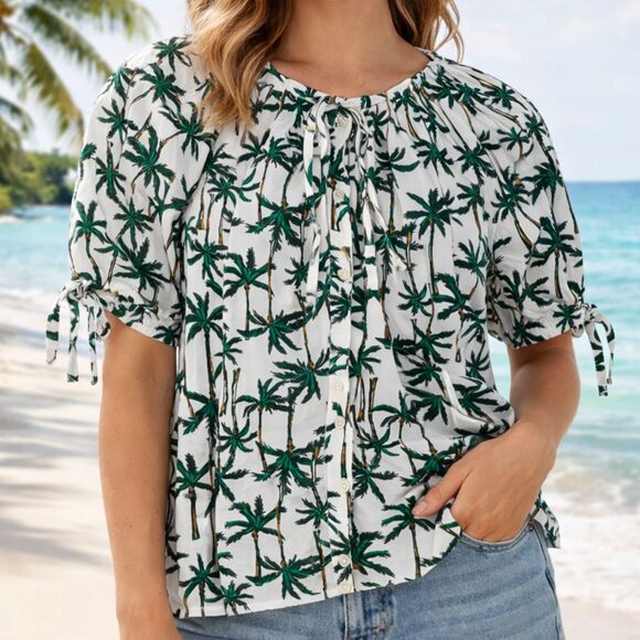 J. Crew Tops - J.Crew Palm Tree Print Blouse Tropical Vacation Tie Sleeve Peplum Top Size Small